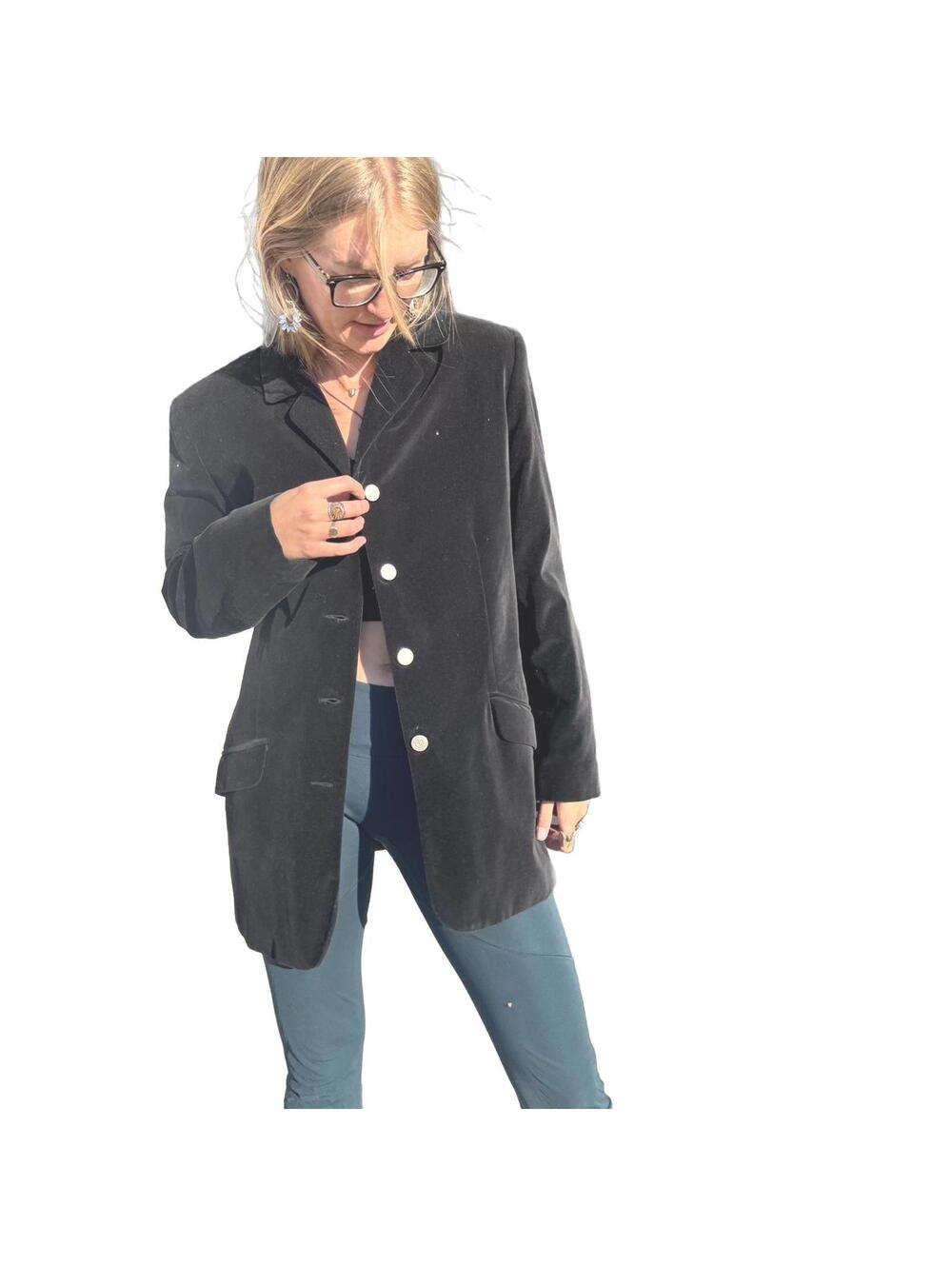 90s Marsh Landing Black Velvet Longline Jacket – Structured Shoulders (S–M)